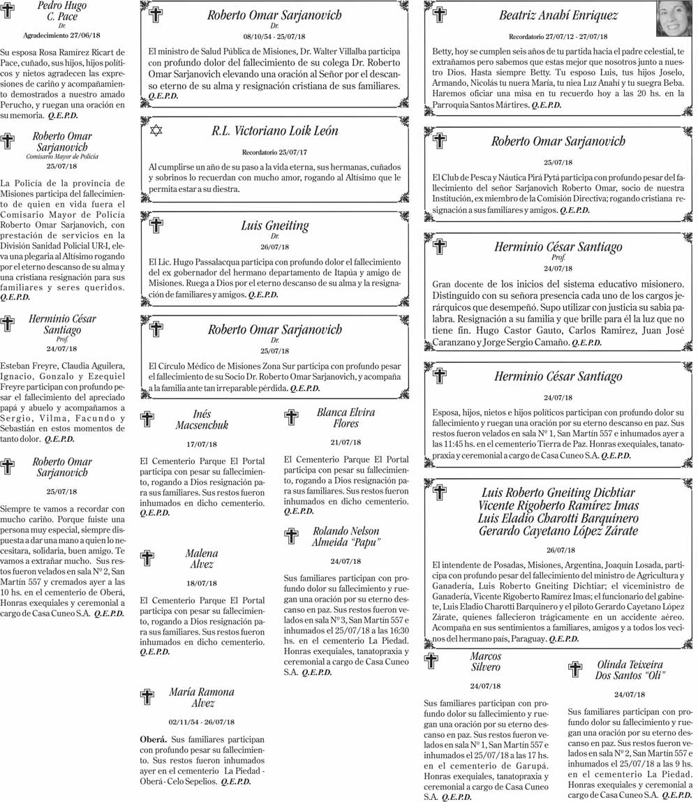 Fúnebres del viernes 27 de julio de 2018