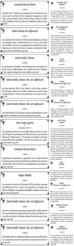 Fúnebres del miércoles 15 de agosto de 2018