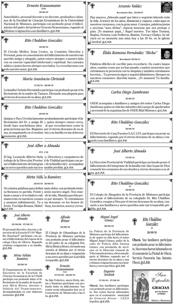 Fúnebres del miércoles 29 de agosto de 2018
