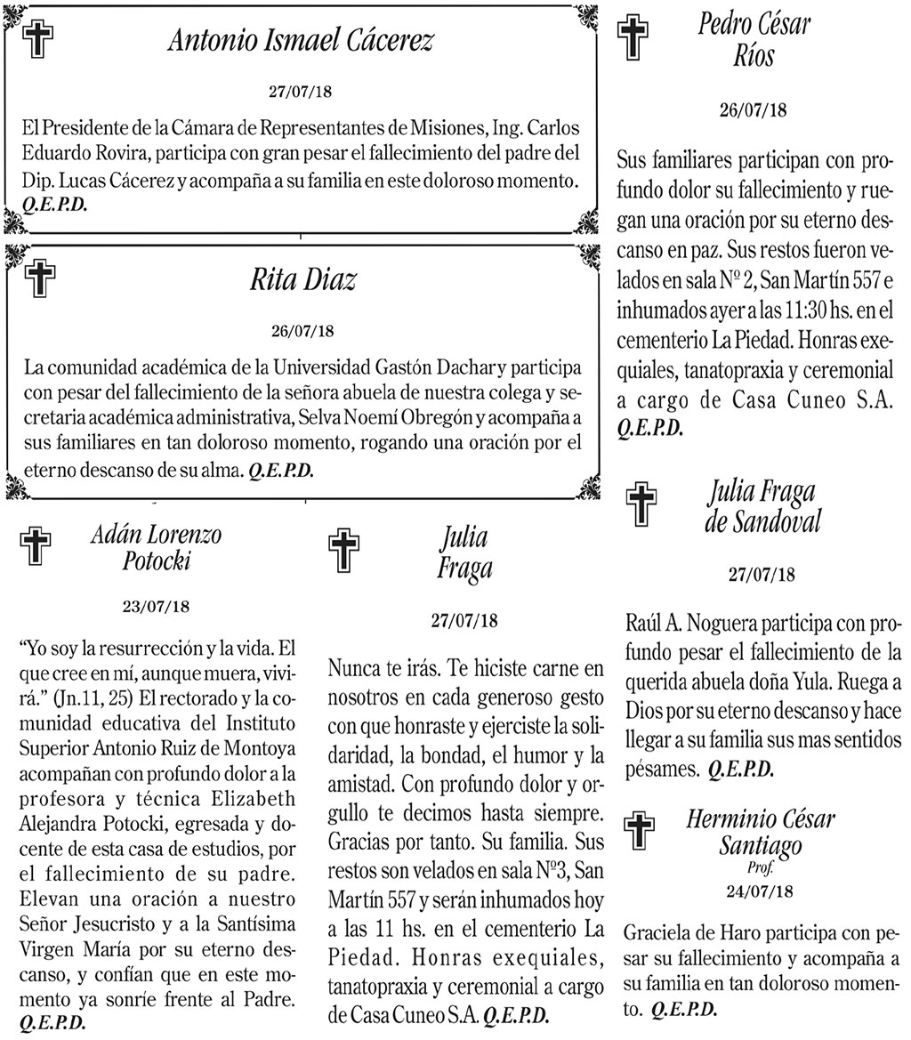 Fúnebres del sábado 28 de julio de 2018