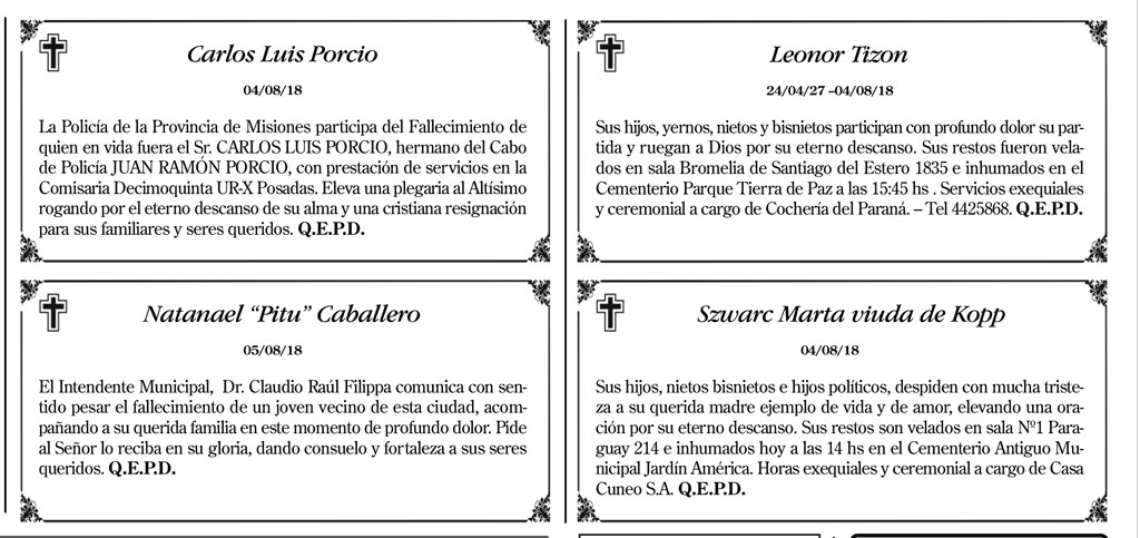Fúnebres del lunes 6 de agosto de 2018