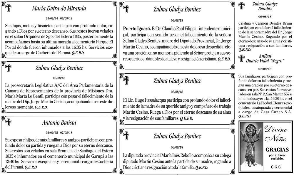 Fúnebres del miércoles 8 de agosto de 2018