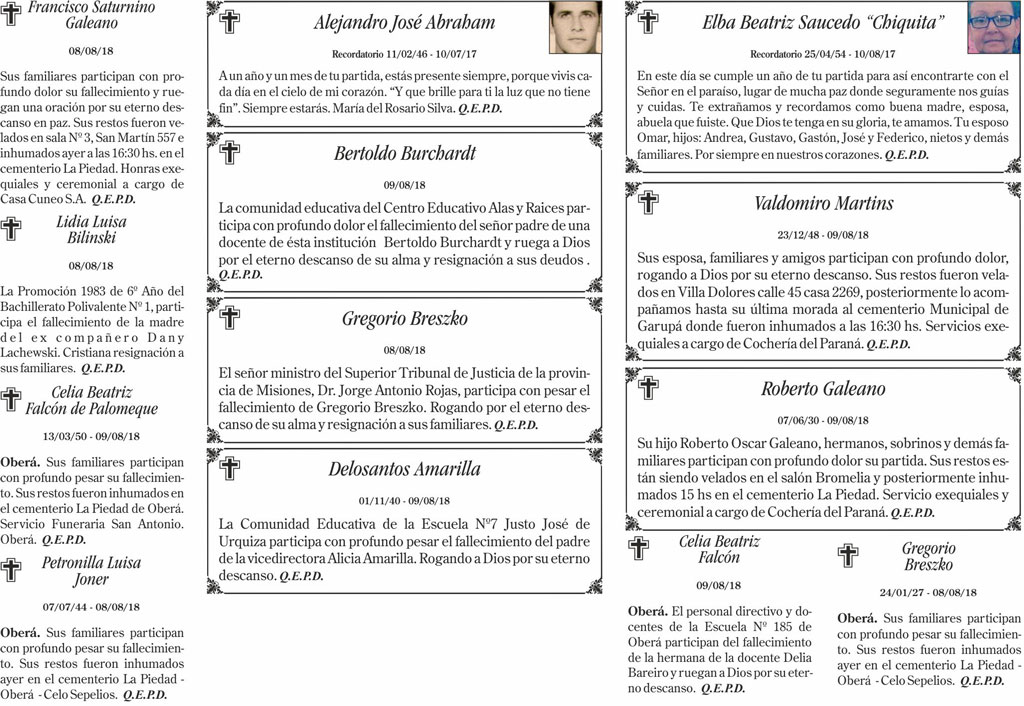 Fúnebres del viernes 10 de agosto de 2018