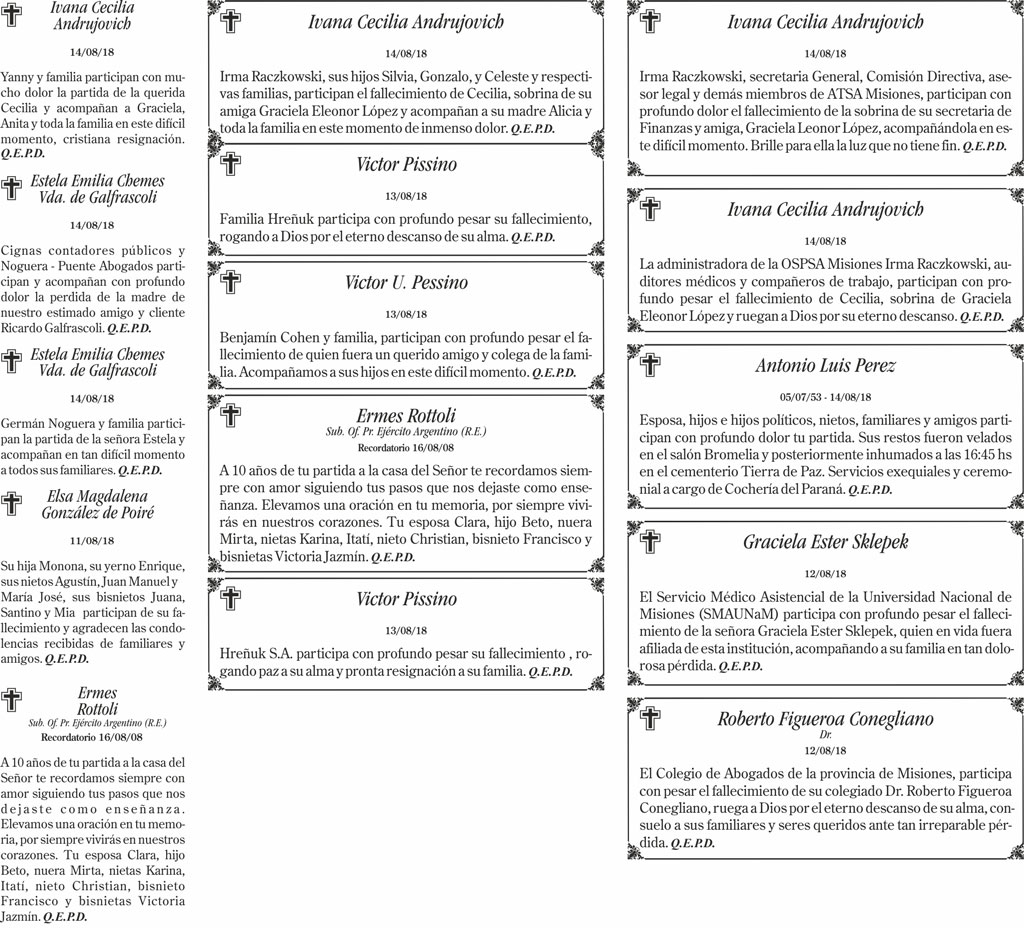 Fúnebres del jueves 16 de agosto de 2018