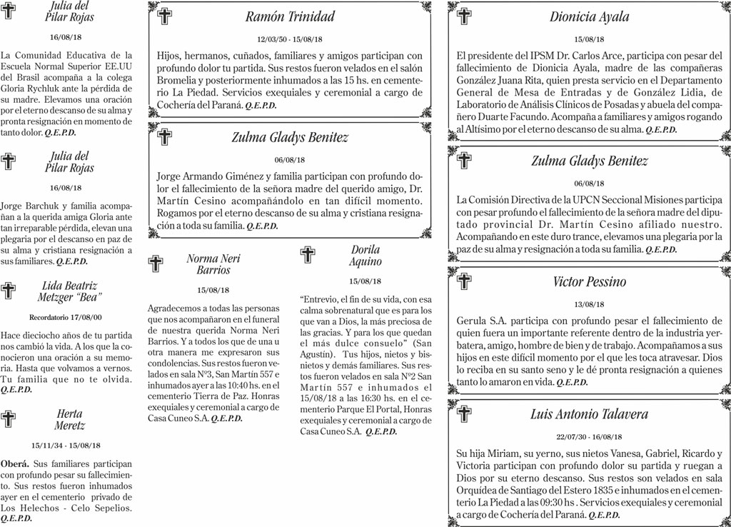 Fúnebres del viernes 17 de agosto de 2018