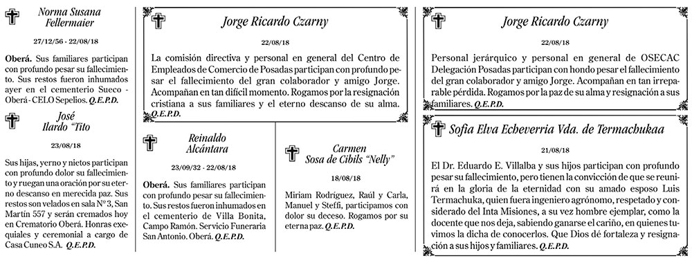 Fúnebres del viernes 24 de agosto de 2018