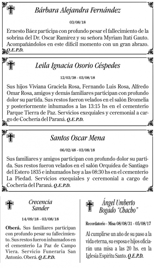 Fúnebres del domingo 5 de agosto de 2018