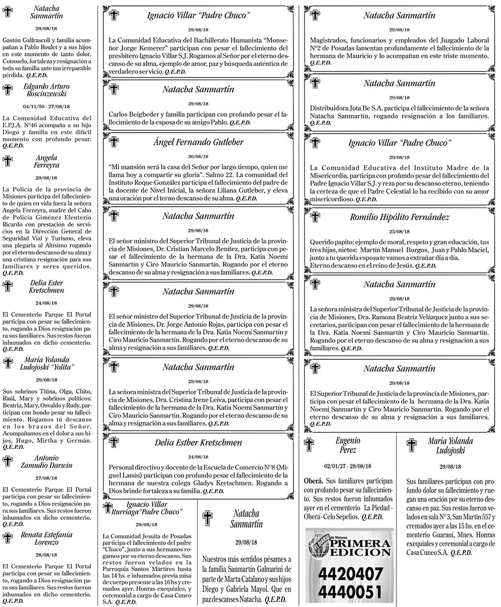 Fúnebres del viernes 31 de agosto de 2018