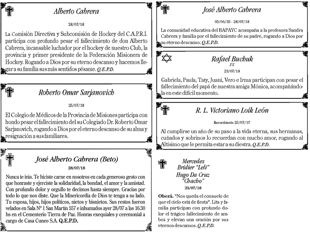 Fúnebres del domingo 29 de julio de 2018
