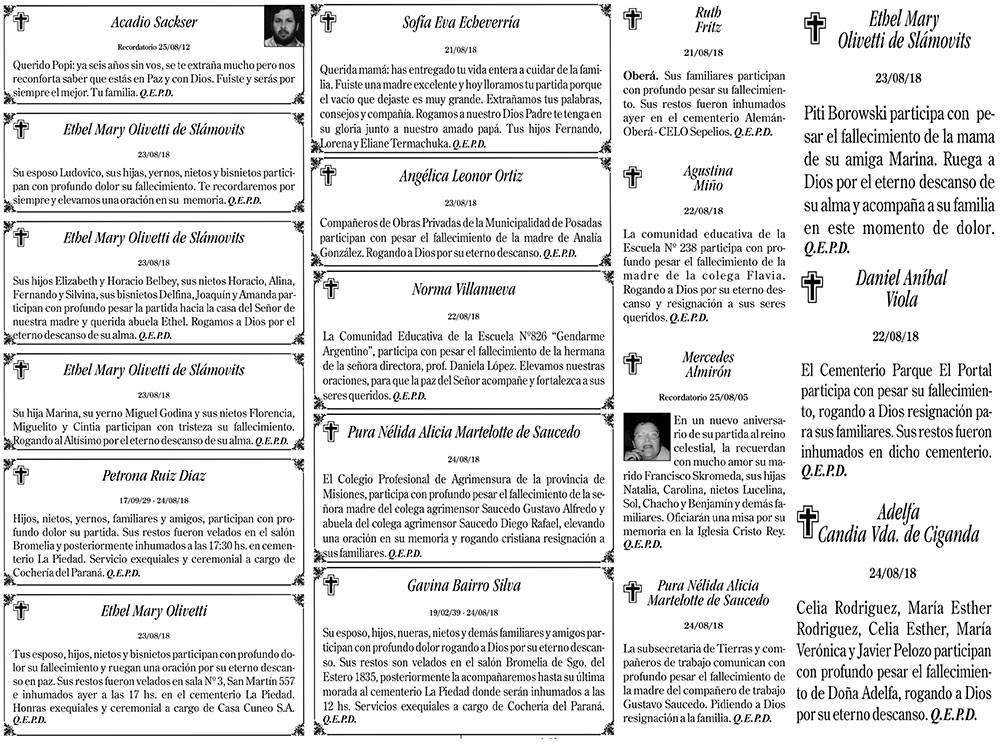 Fúnebres del sábado 25 de agosto de 2018