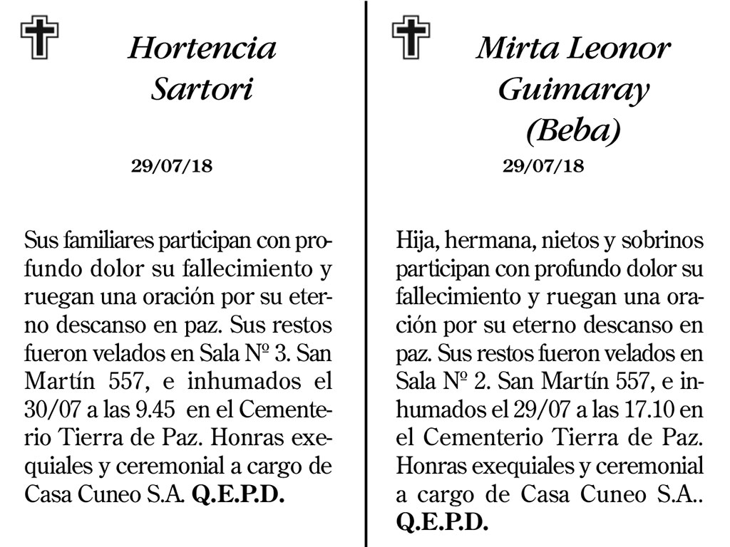 Fúnebres del lunes 30 de julio de 2018