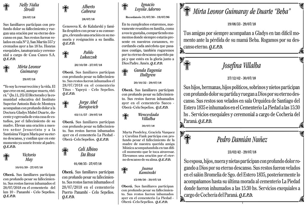 Fúnebres del martes 31 de julio de 2018