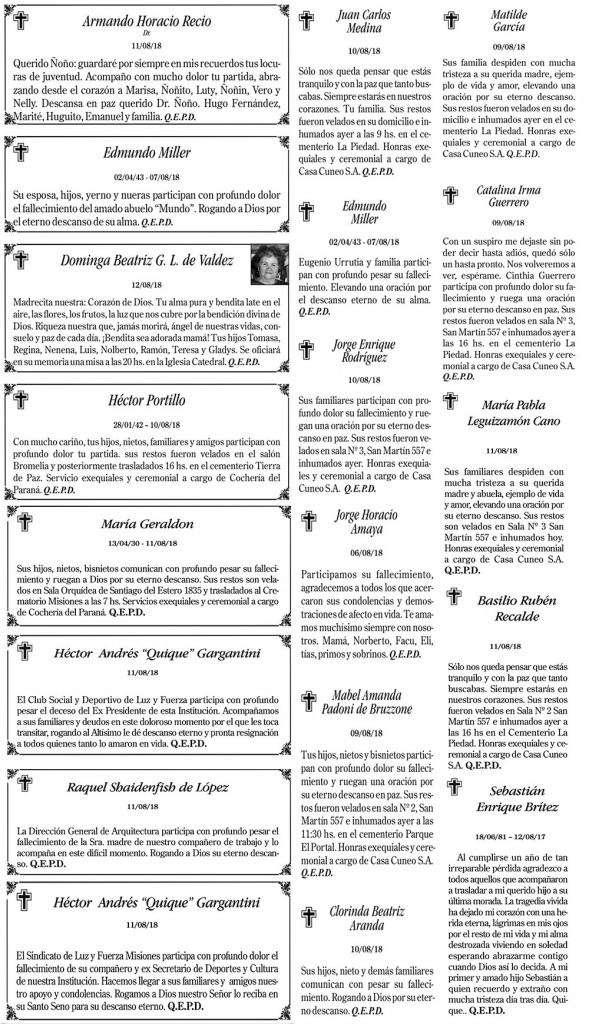 Fúnebres del domingo 12 de agosto de 2018