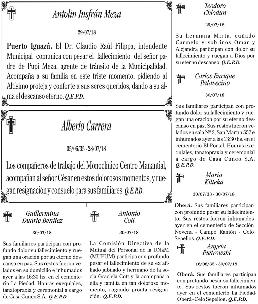 Fúnebres del miércoles 1 de agosto de 2018