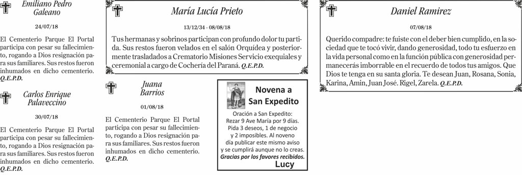 Fúnebres del jueves 9 de agosto de 2018