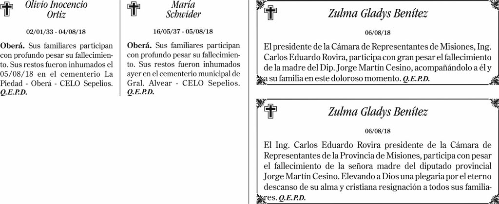 Fúnebres del martes 7 de agosto de 2018