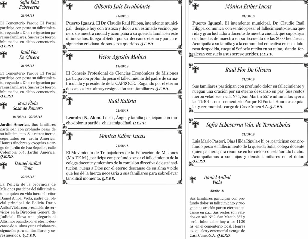 Fúnebres del jueves 23 de agosto de 2018