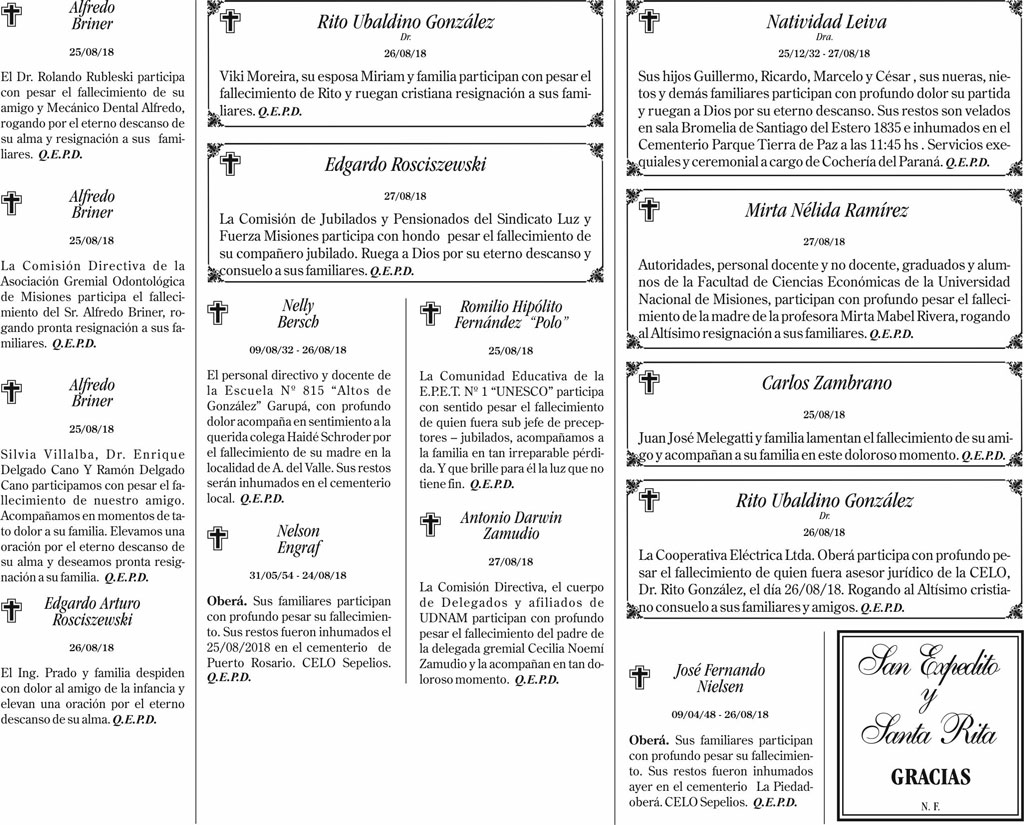 Fúnebres del martes 28 de agosto de 2018