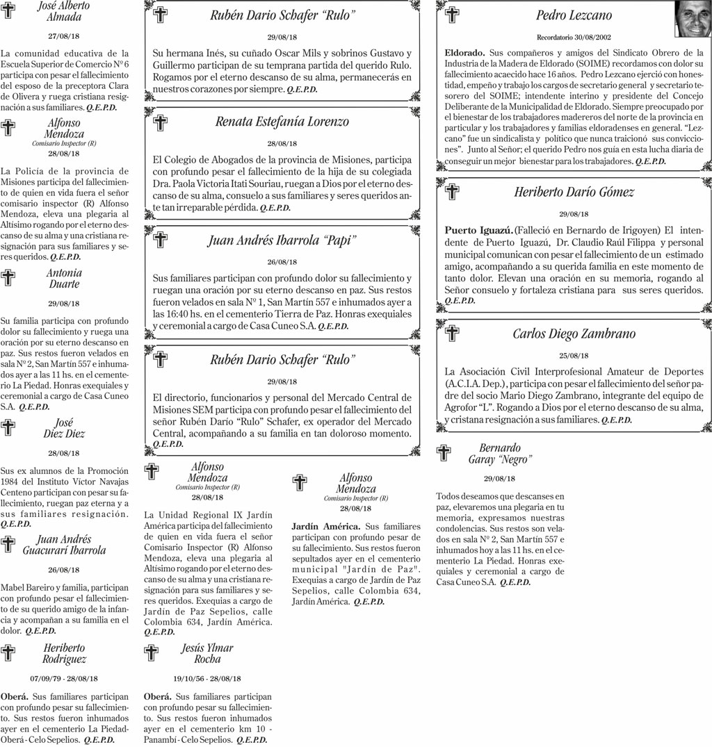 Fúnebres del jueves 30 de agosto de 2018