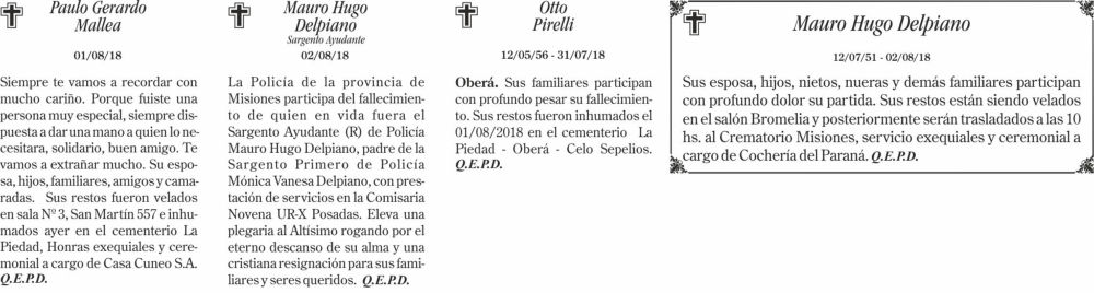 Fúnebres del viernes 3 de agosto de 2018