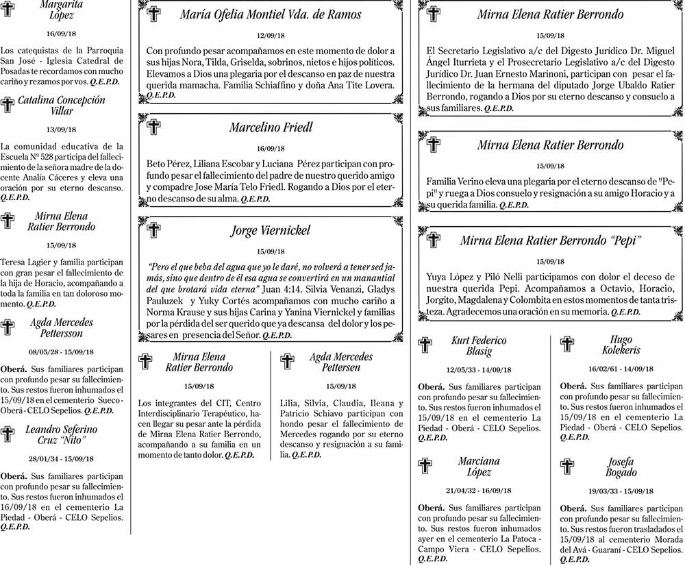 Fúnebres del martes 18 de septiembre de 2018
