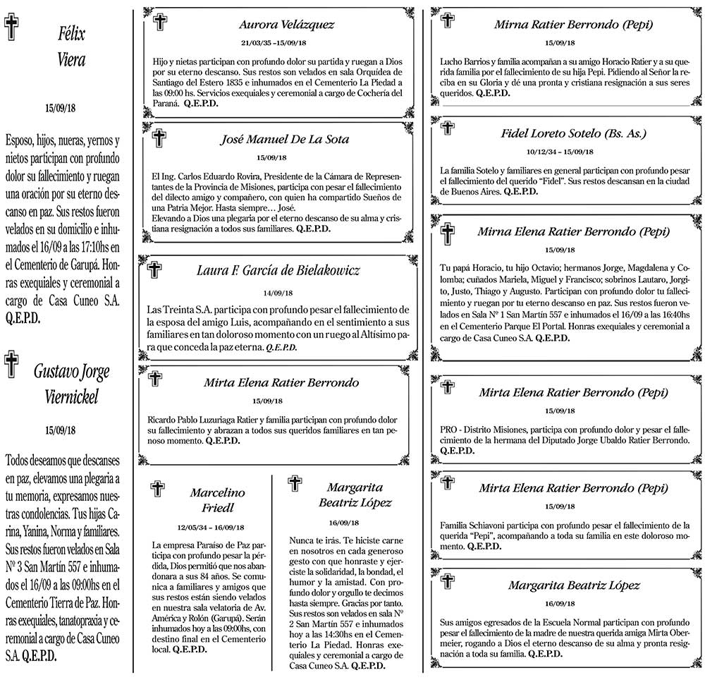 Fúnebres del lunes 17 de septiembre de 2018