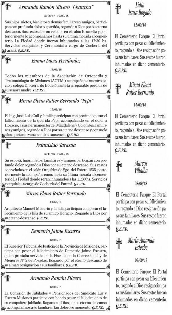 Fúnebres del jueves 20 de septiembre de 2018