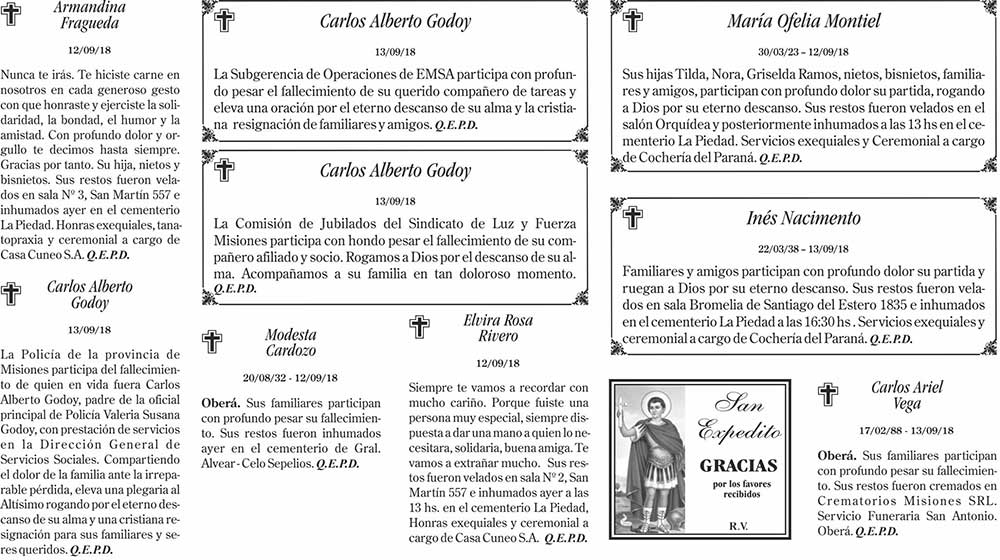 Fúnebres del viernes 14 de septiembre de 2018