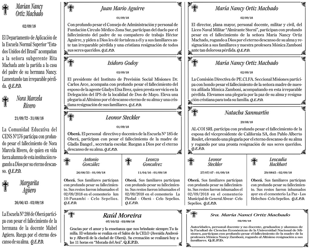 Fúnebres del martes 4 de septiembre de 2018