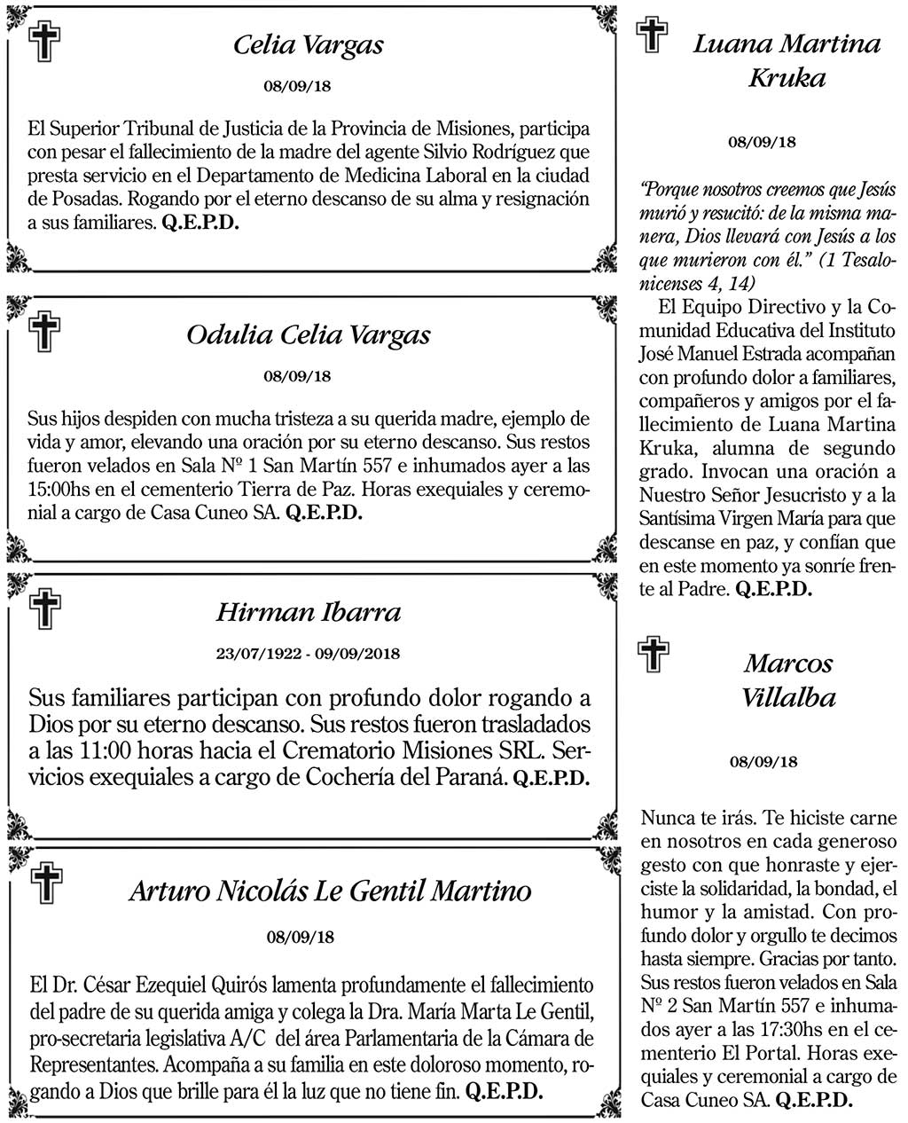 Fúnebres del lunes 10 de septiembre de 2018