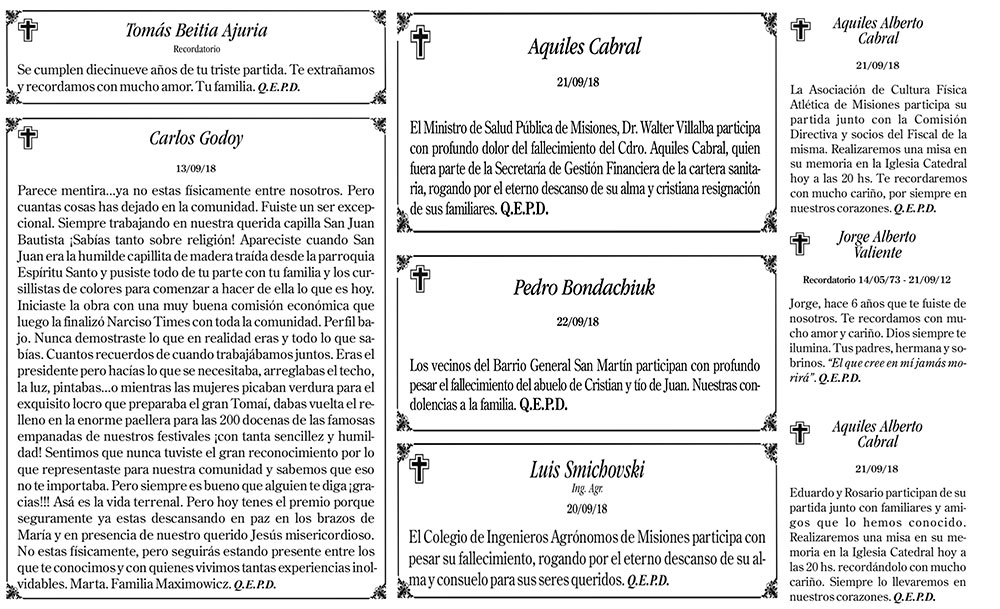 Fúnebres del domingo 23 de septiembre de 2018