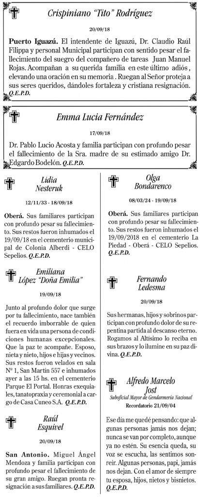 Fúnebres del viernes 21 de septiembre de 2018