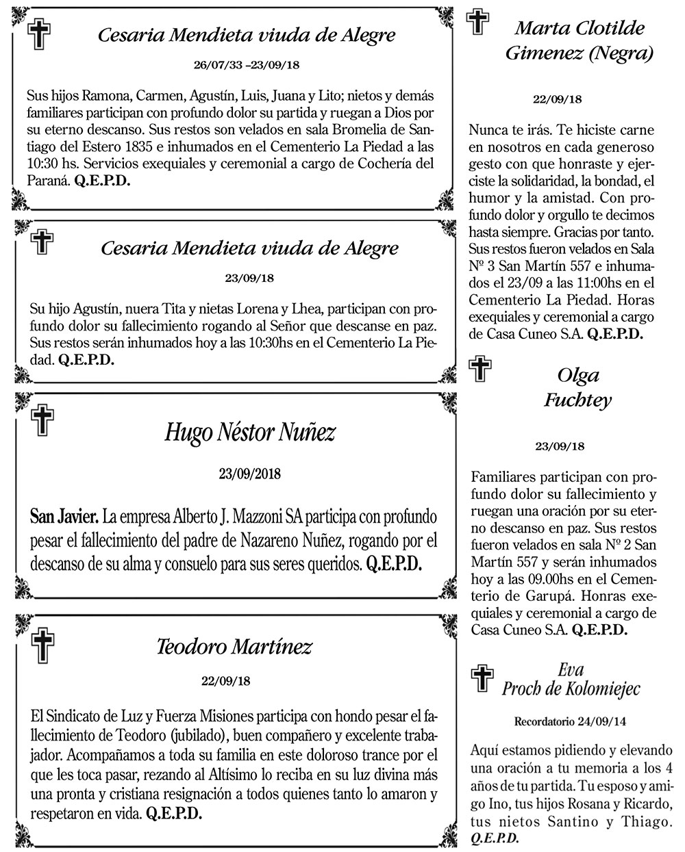 Fúnebres del lunes 24 de septiembre de 2018