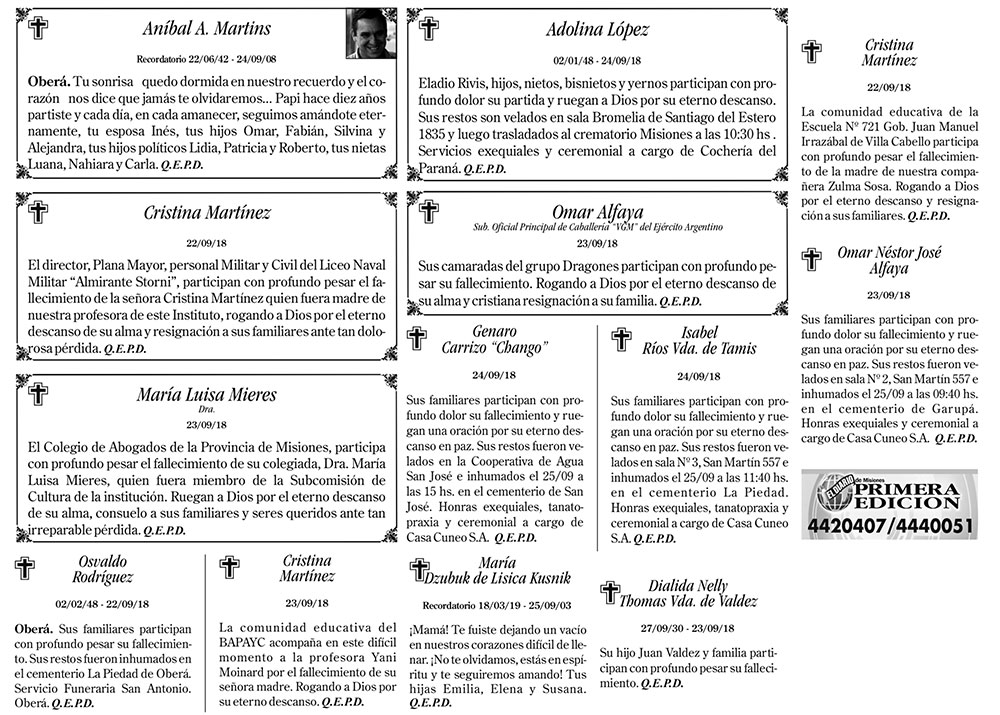 Fúnebres del martes 25 de septiembre de 2018