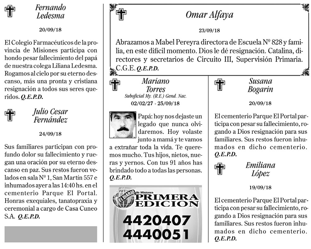 Fúnebres del miércoles 26 de septiembre de 2018