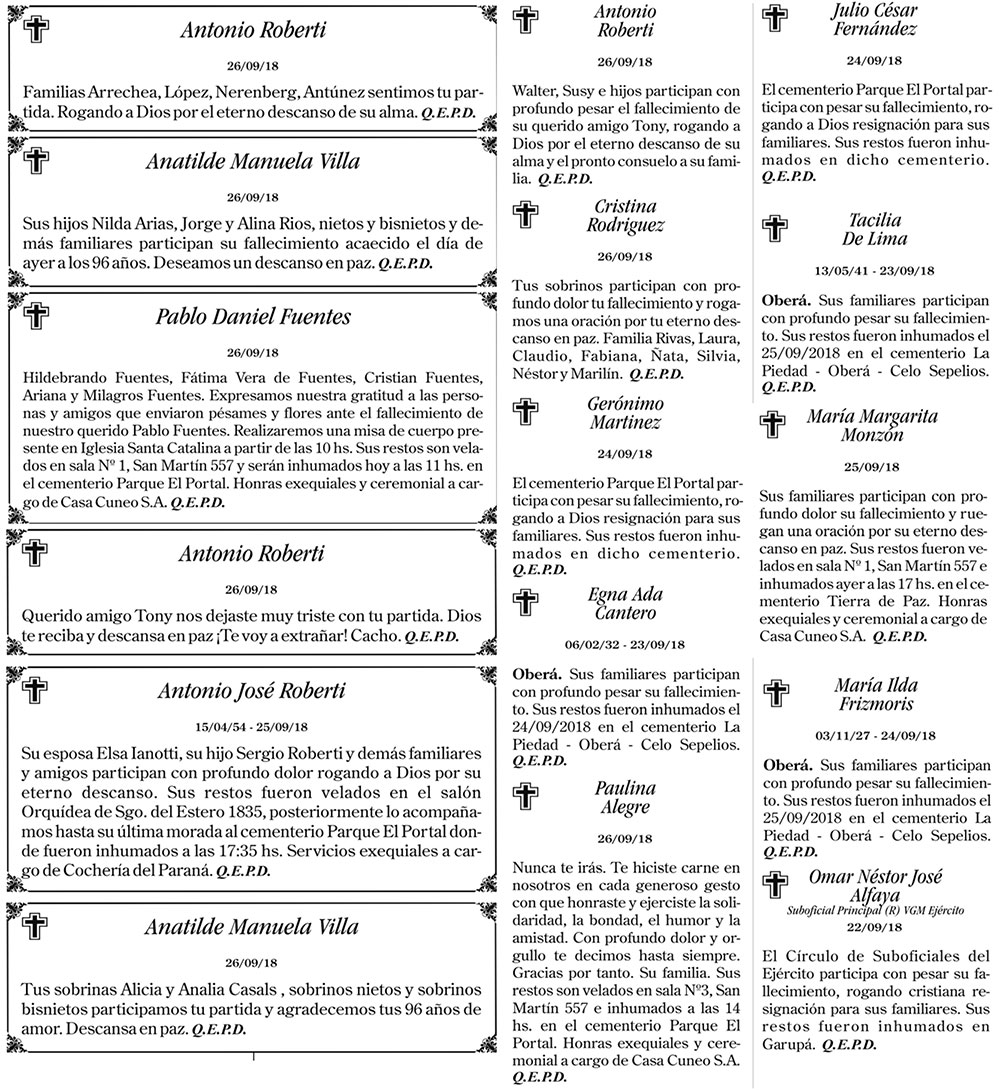 Fúnebres del jueves 27 de septiembre de 2018