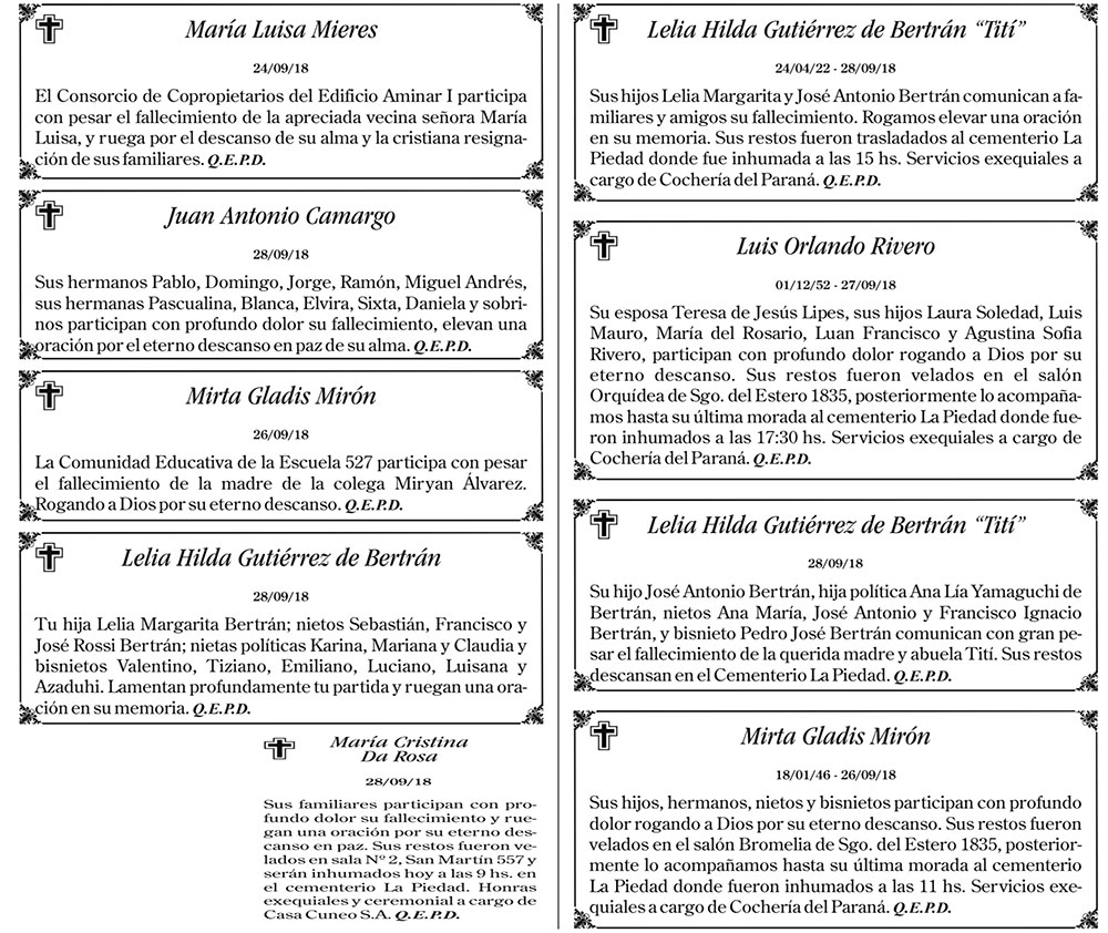 Fúnebres del sábado 29 de septiembre de 2018