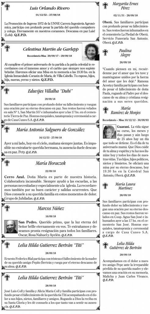 Fúnebres del domingo 30 de septiembre de 2018