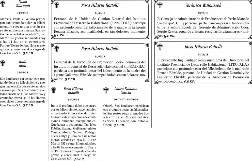Fúnebres del sábado 15 de septiembre de 208