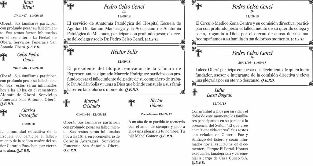 Fúnebres del jueves 13 de septiembre de 2018