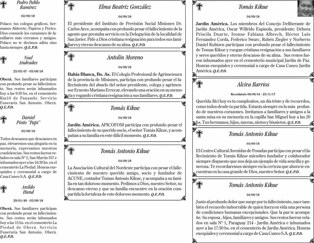 Fúnebres del jueves 6 de septiembre de 2018