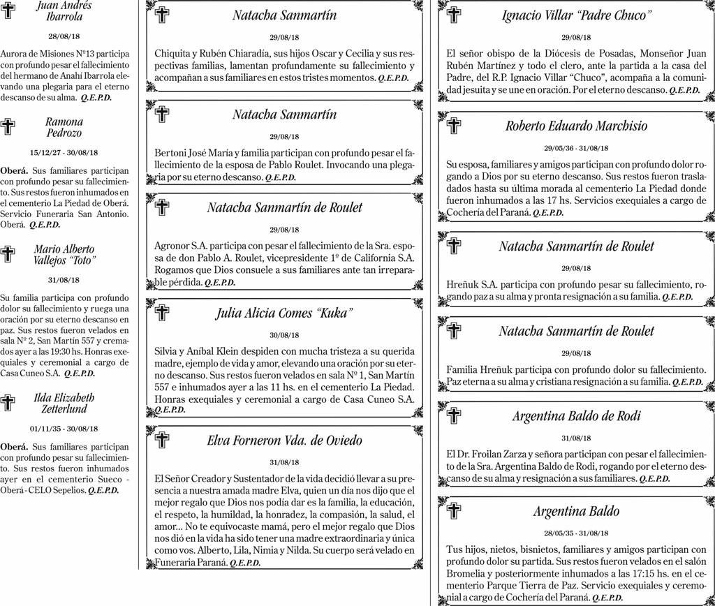 Fúnebres del 1 de septiembre de 2018