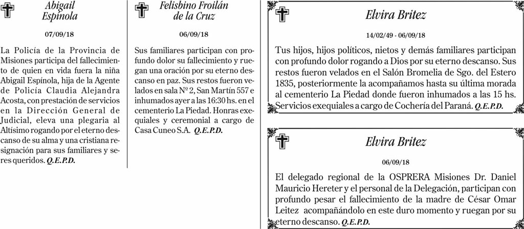 Fúnebres del sábado 8 de septiembre de 2018