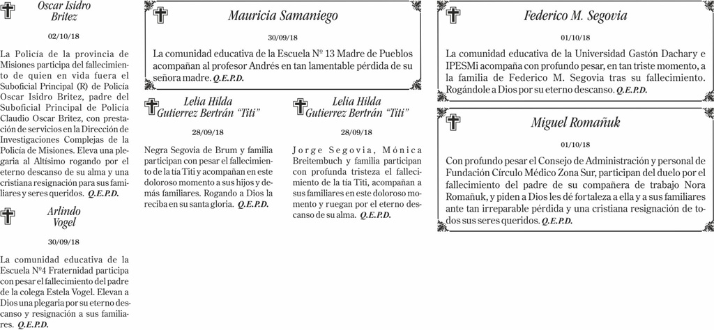 Fúnebres del miércoles 3 de octubre de 2018