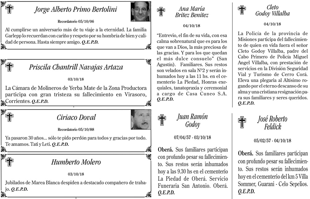 Fúnebres del viernes 5 de octubre de 2018