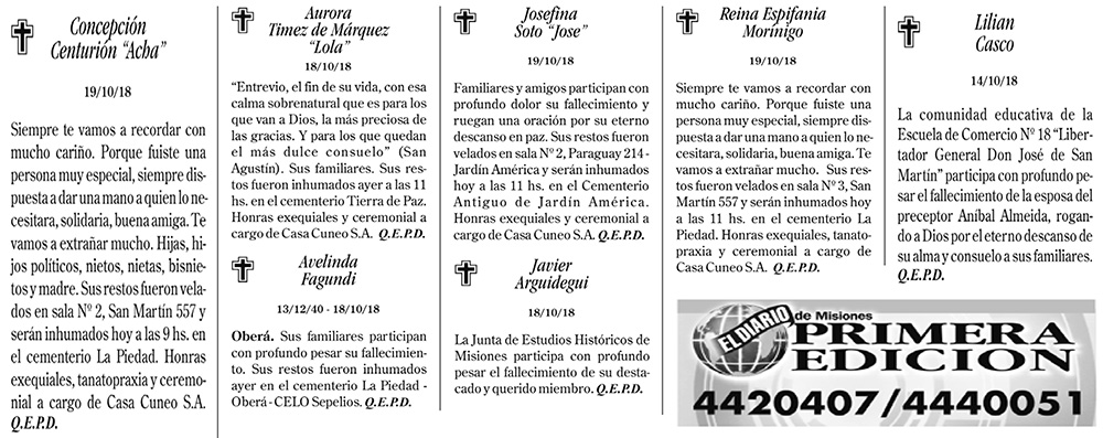 Fúnebres del sábado 20 de octubre de 2018