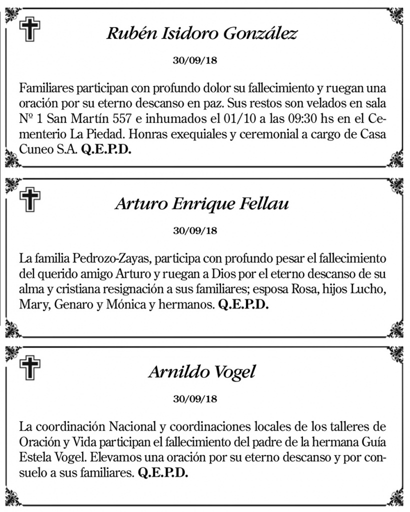 Fúnebres del lunes 1 de octubre de 2018