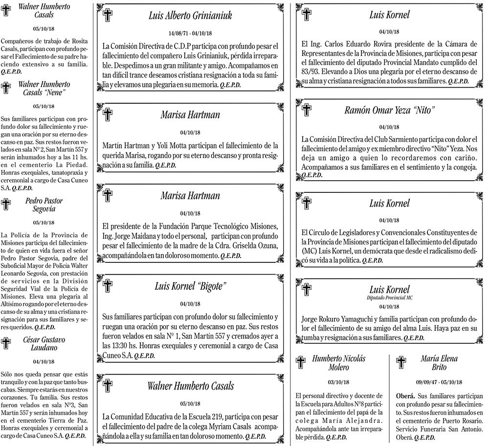 Fúnebres del sábado 6 de octubre de 2018