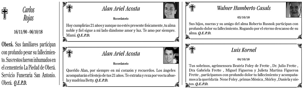 Fúnebres del domingo 7 de octubre de 2018