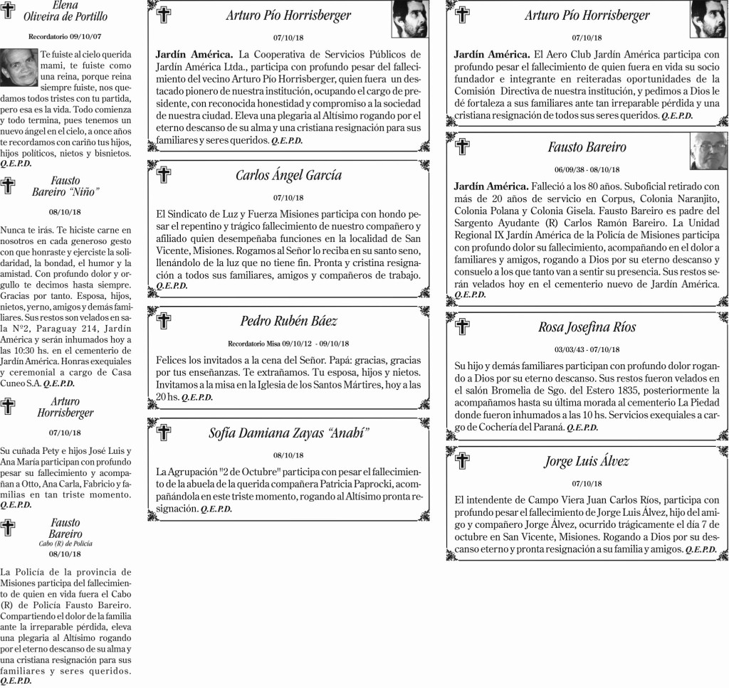 Fúnebres del martes 9 de octubre de 2018
